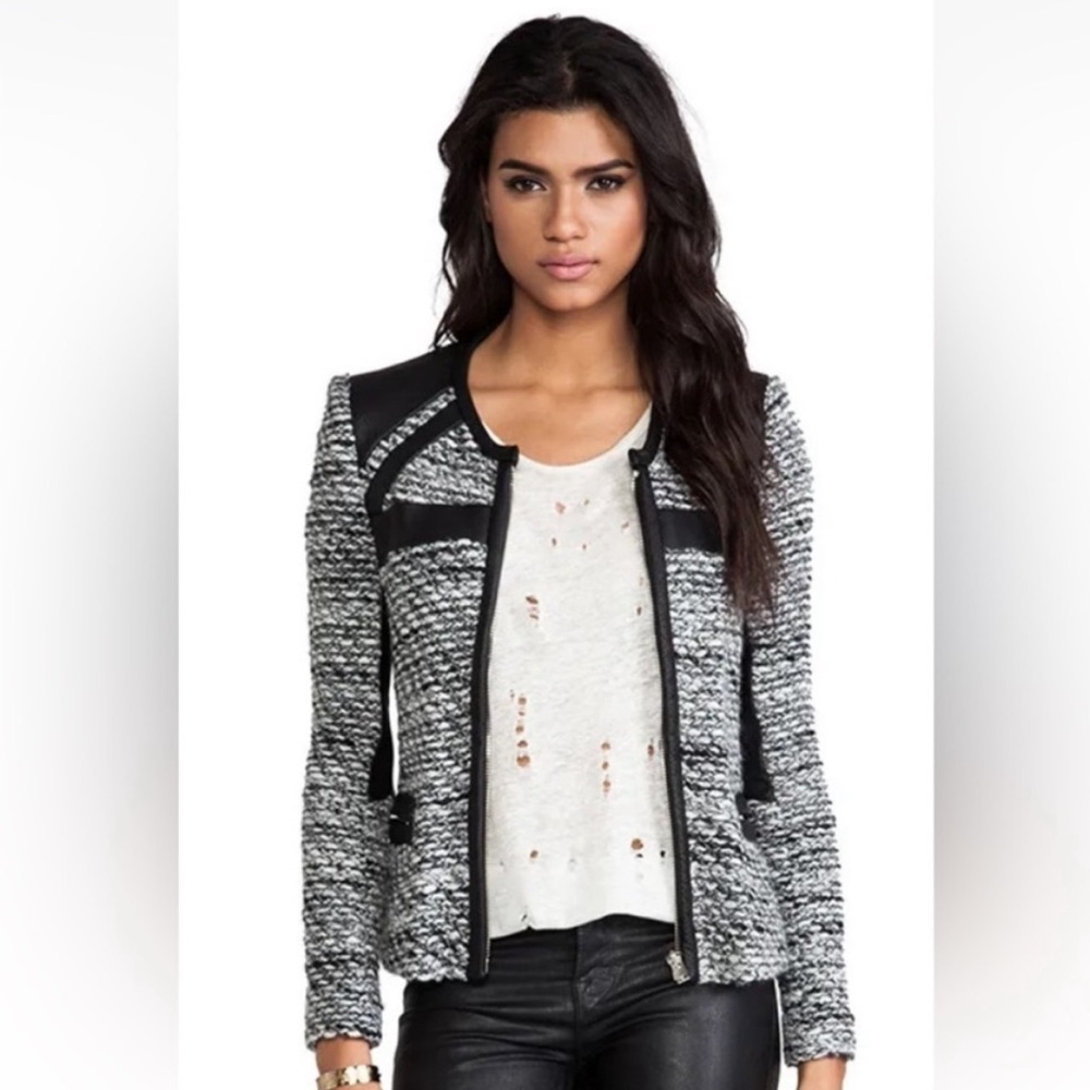 NWT IRO Izzy Moto Jacket 36 Black White Boucle Tweed Lamb Leather Trim $848